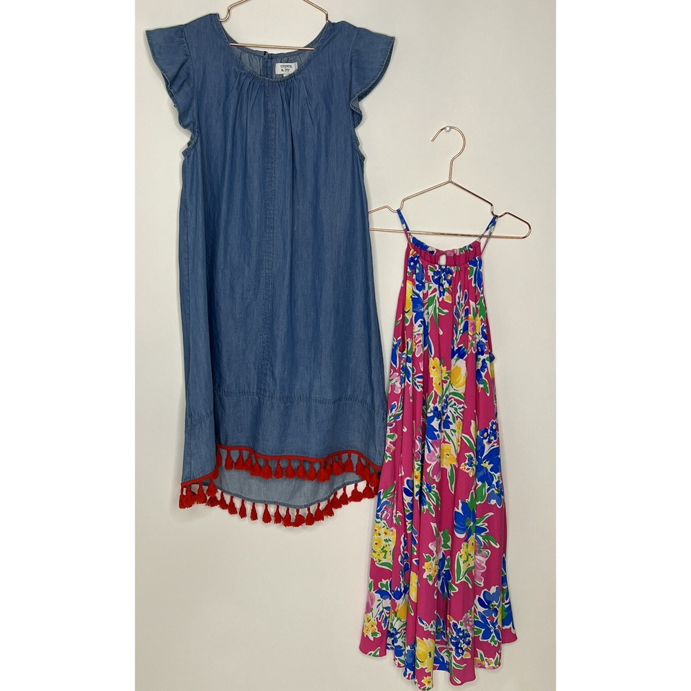 Ralph Lauren Polo Girls multicolored floral and crown and ivy denim tassel dress